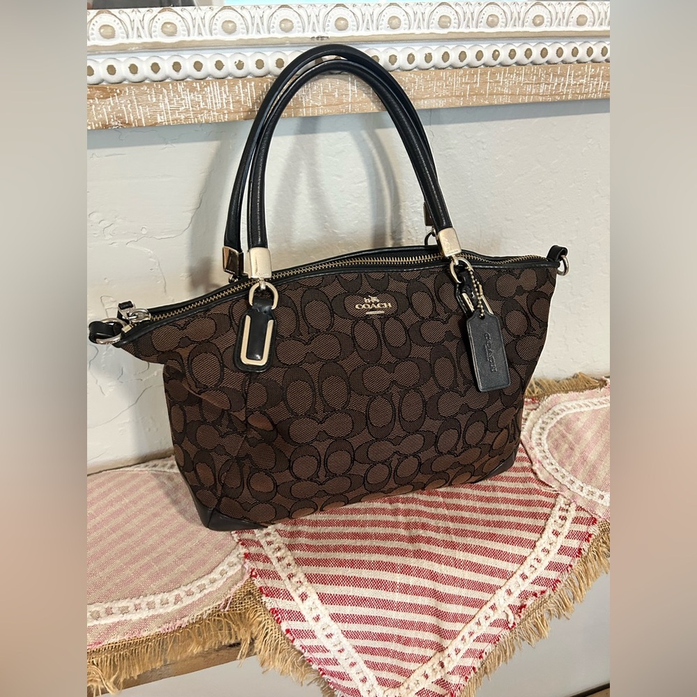 Coach Brown Signature Canvas Tote with Black Handles. EUC. No shoulder strap.